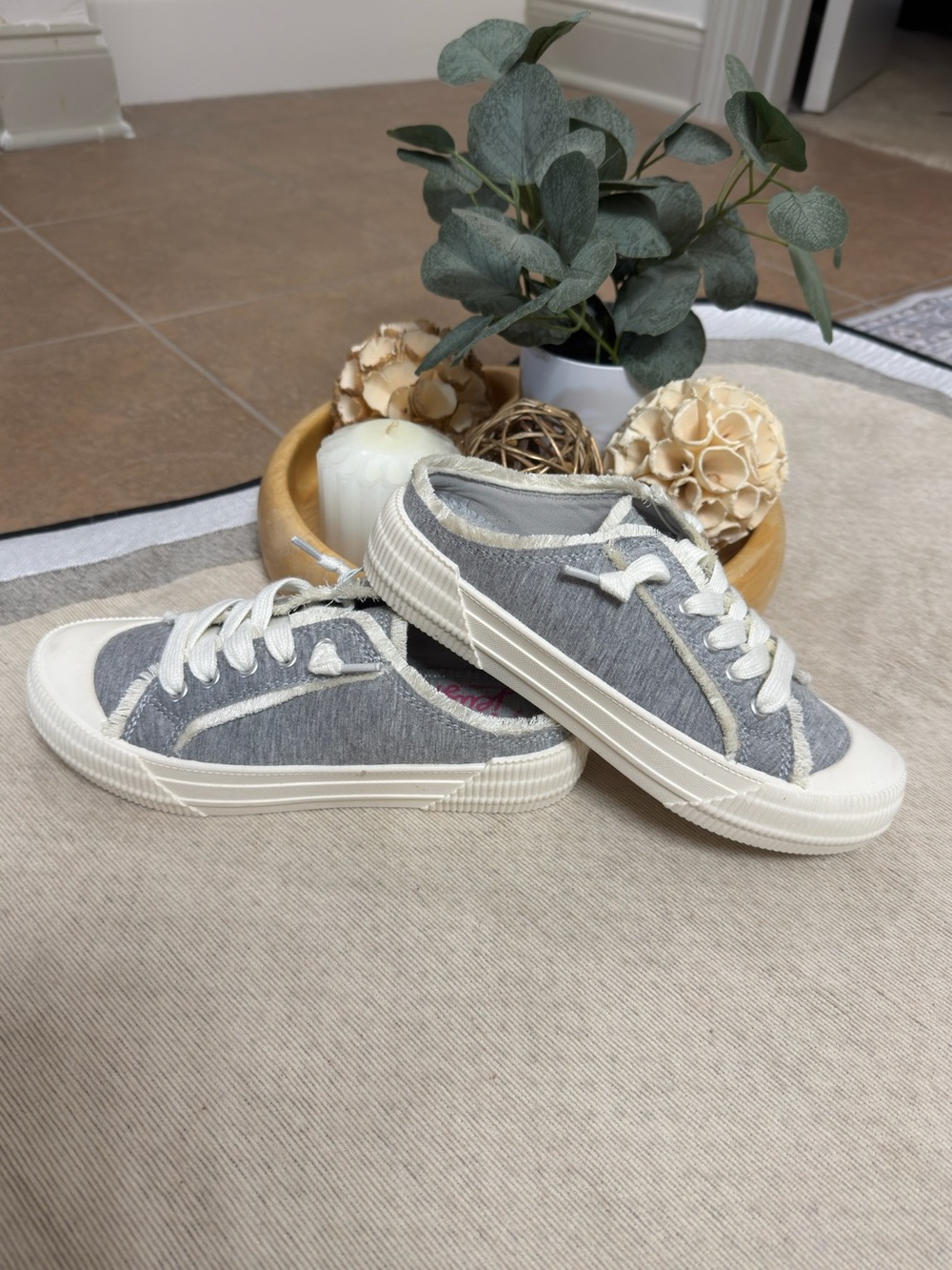 Casual Gray Slip-On Sneaker Mules with White Trim